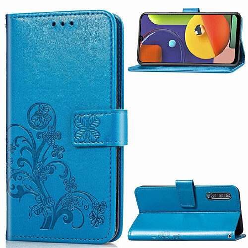 Wewoo Housse Coque Pour Galaxy A50S - Fermoir à quatre feuilles - Boucle en relief - Étui de protection cuir téléphone portable avec lanière et fente de fixation des cartes & Portefeuille et support Bleu