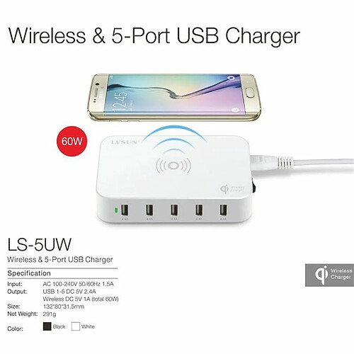 Lvsun Station de Recharge Intelligente 5 Ports USB 60 Watts Compatible Qi