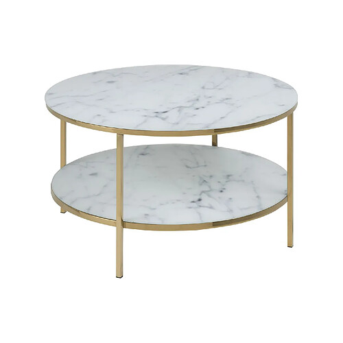 Toilinux Table basse ronde effet marbre en verre et métal 2 niveaux - L.80 cm x H. 45 cm - Doré et blanc