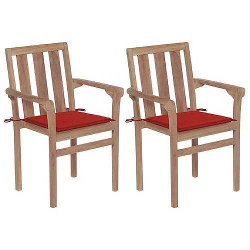 vidaXL Chaises de jardin lot de 2 et coussins rouge Bois teck massif