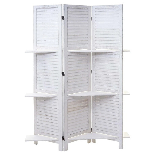 Decoshop26 Paravent cloison de séparation 3 panneaux avec étagères 170x125cm aspect shabby en bois blanc 04_0003952