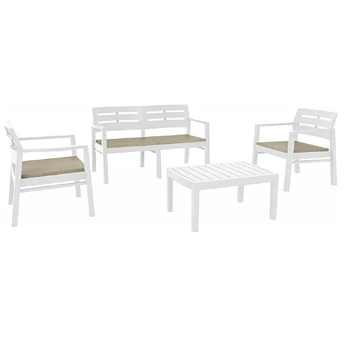 Evergreen Set salon de jardin en résine couleur blanc avec coussins JAV04CCB