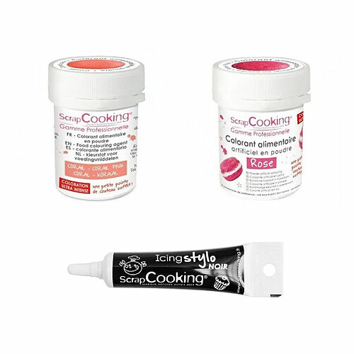 Scrapcooking 2 colorants alimentaires corail-rose + Stylo glaçage noir