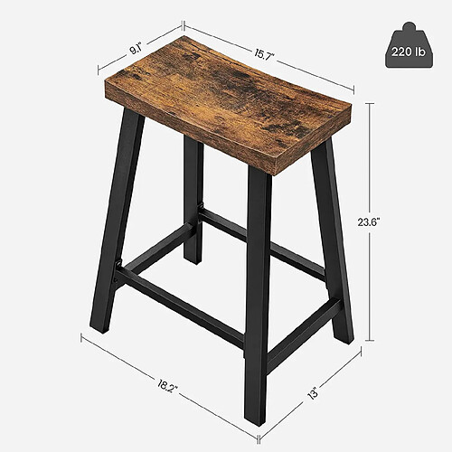 Helloshop26 Tabourets de cuisine avec siège incurvé lot de 2 chaises de bar sièges de 60 cm de haut pour cuisine salle à manger bureau style industriel marron rustique et noir 12_0002419