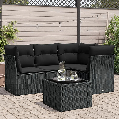 vidaXL Salon de jardin 5 pcs avec coussins noir résine tressée