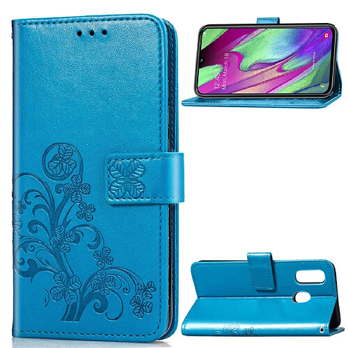 Wewoo Housse Coque Étui en cuir à Motif fleurs pressées Lucky Clover pour Galaxy A40avec porte-cartes et & Portefeuille et dragonne Bleu