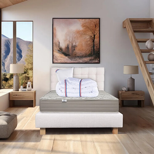 LUXURY LITERIE Ensemble Matelas Organic Cotton 24cm ferme face été/hiver+sommier beige ep20cm+oreiller+couette+Tête de Lit, 90x190cm