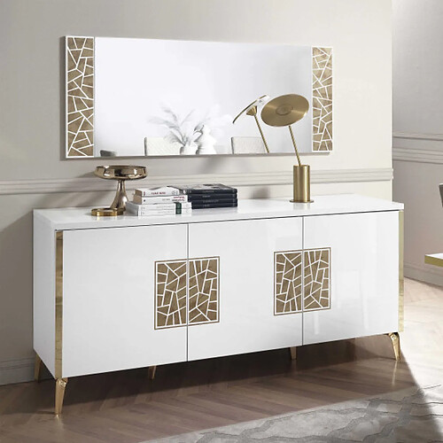 Dansmamaison Buffet 3 portes battantes + miroir blanc brillant/Or - NAHESA