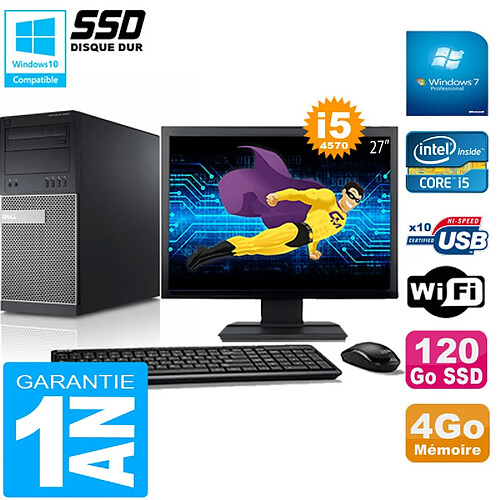 PC Tour DELL 9020 Core I5-4570 Ram 4Go Disque 120 Go SSD Wifi W7 Ecran 27" · Occasion