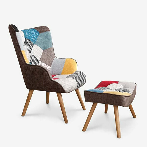 Ahd Amazing Home Design Fauteuil Patchwork Design Moderne avec pouf Repose-pieds Patchy Plus