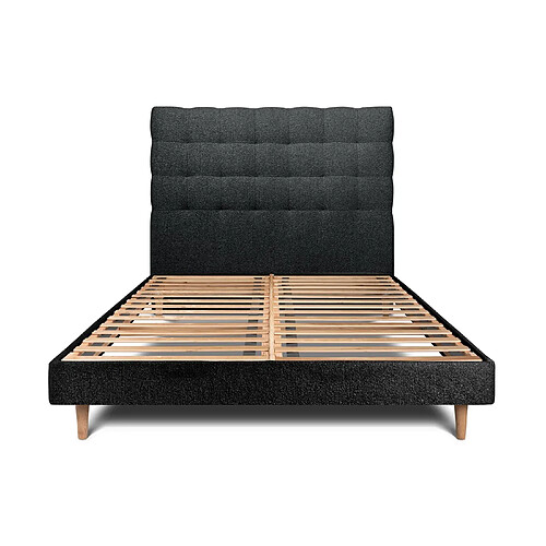 Sommeil de plomb Lit 135x190cm avec tête de lit capitonnée bouclette et sommier kit Noir - Hauteur totale : 29cm