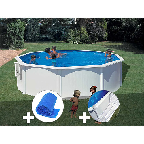 Kit piscine acier blanc Gré Bora Bora ronde 4,80 x 1,22 m + Bâche à bulles + Tapis de sol