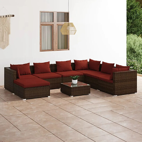 vidaXL Salon de jardin 8 pcs avec coussins résine tressée marron