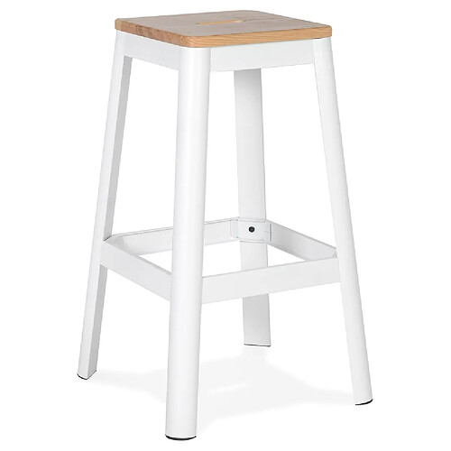 Alterego Tabouret haut style industriel 'LIDYA' avec structure en métal blanc et assise en bois