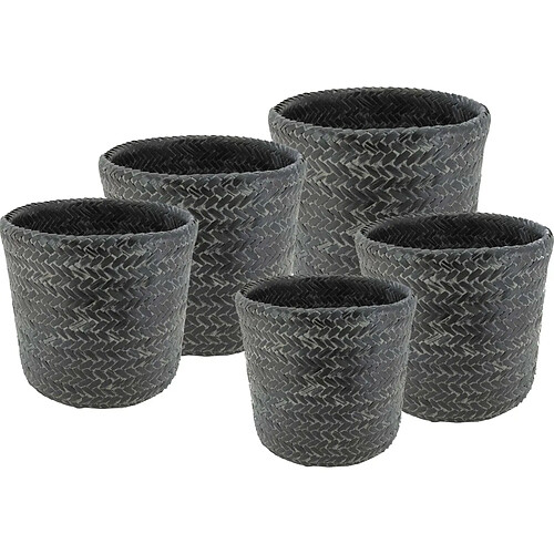 Aubry Gaspard Cache pot rond en bambou patiné (Lot de 5) noir.