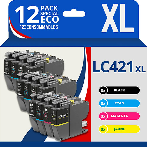 123CONSOMMABLES - LC421XL - Cartouches d'encre Compatible pour Brother LC421 LC 421XL pour imprimante Brother MFC-J1010DW DCP-J1140DW DCP-J1050DW (Pack de 12)