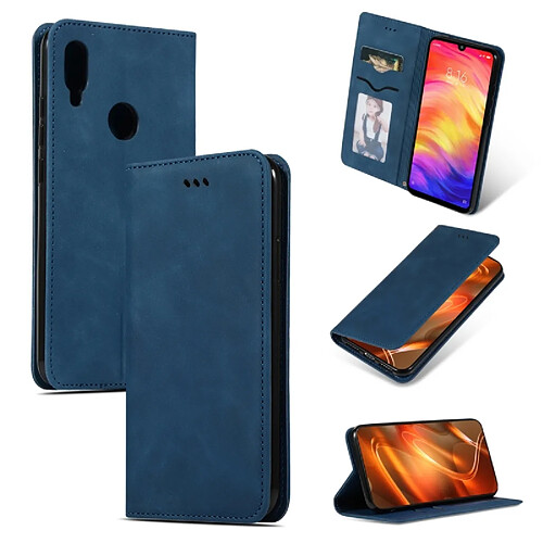 Wewoo Housse Coque Étui en cuir avec rabat horizontal magnétique Business Skin Feel rétro pour Redmi Note7 et Redmi Note7 Pro bleu marine