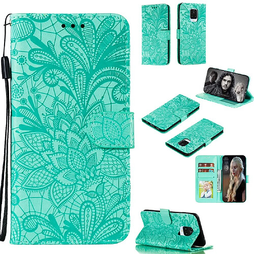 Etui en PU peau de fleur en dentelle imprimée cyan pour votre Xiaomi Redmi Note 9S/Redmi Note 9 Pro/Redmi Note 9 Pro Max