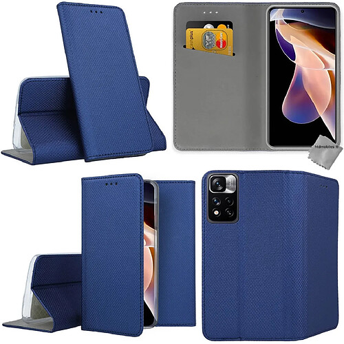 Htdmobiles Housse etui portefeuille avec coque intérieure en silicone pour Xiaomi Redmi Note 11 Pro+ Plus 5G + verre trempe - BLEU MAGNET