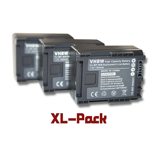 Vhbw 3x batteries Li-Ion 750mAh (7.2 V) Avec puce d´info à la bonne taile pour Canon Legria HF M41, HF M46, HF M406, XA10 comme BP-808.