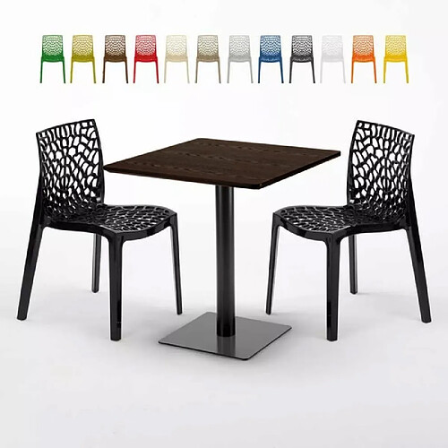 Grand Soleil Table carrée 70x70 plateau effet bois avec 2 chaises colorées Gruvyer Melon - Noir