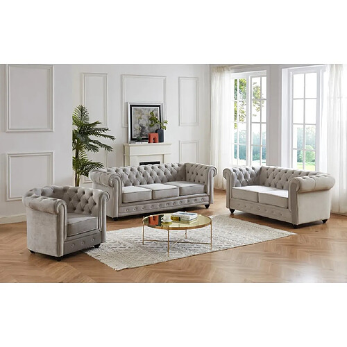 Vente-Unique Canapés 3 places 2 places et un fauteuil CHESTERFIELD - Velours gris clair