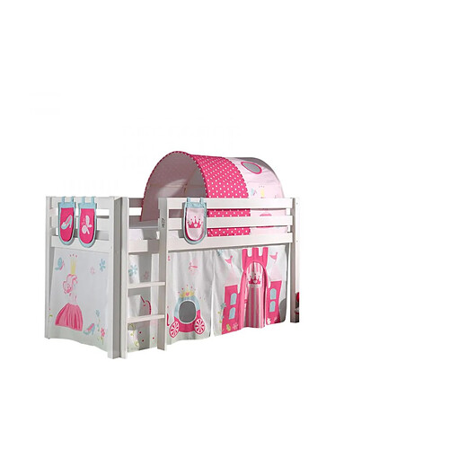 Vipack PINO Lit sureleve avec sommier Blanc + Rideau + tunnel de lit + 3 pochettes Little Princess