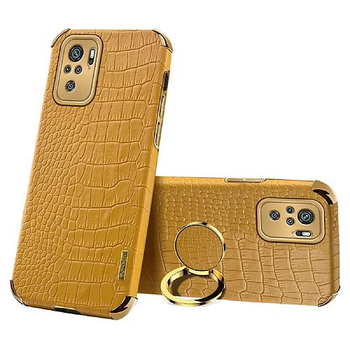 Coque en TPU + PU Découpage précis de texture de crocodile de galvanoplastie avec le support d'anneau jaune pour votre Xiaomi Redmi Note 10 4G/Redmi Note 10S