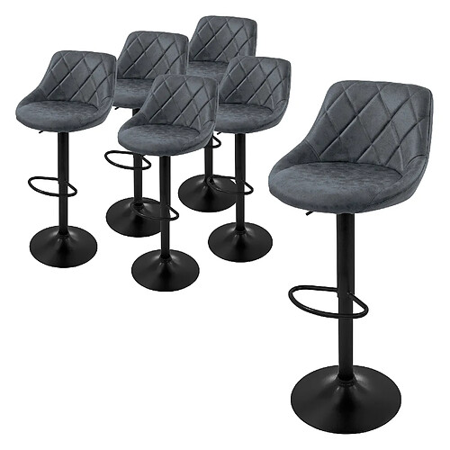 ML-Design Lot 6 tabourets de bar rembourrées en simili anthracite hauteur réglable 62-82cm