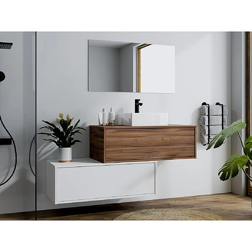 Vente-Unique Meuble de salle de bain suspendu naturel foncé et blanc avec simple vasque carrée et deux tiroirs - 94 cm - TEANA II