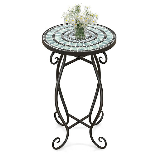 Helloshop26 Table d'appoint ronde de jardin avec plateau mosaïque en carreaux de céramique table basse d'extérieur pour balcon piscine noir 20_0009369