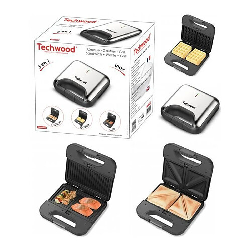 Techwood GRILL + GAUFRIER + CROQUE 800W- Décor Rouge - Plaques interchangeables - Revêtement anti-adhésif- Contrôle Température