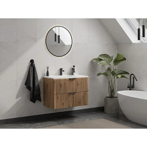 Vente-Unique Meuble de salle de bain suspendu strié avec vasque à encastrer - Naturel clair - 80 cm - ZEVARA