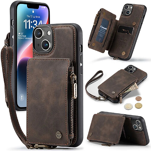 Etui en PU CASEME magnétique avec béquille zippée et sangle pour votre iPhone 14 Plus - marron