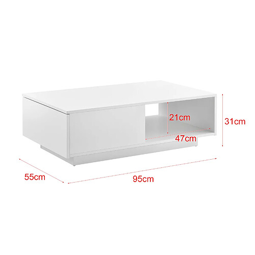 Helloshop26 Table basse de salon avec tiroir et compartiment de rangement 95 x 55 cm 15 mm blanc brillant 03_0006143