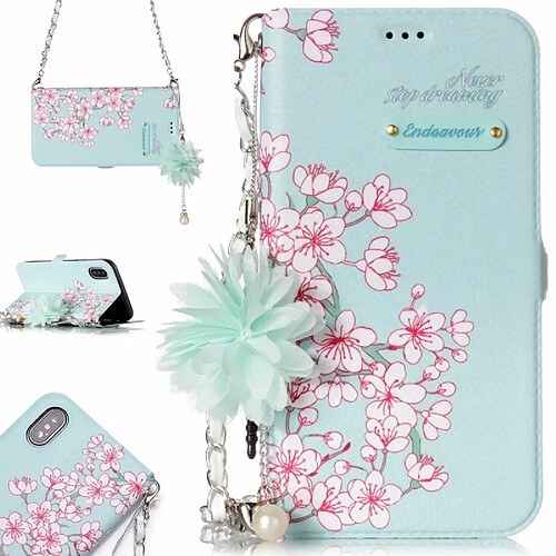 Wewoo Coque pour iPhone X Sakura Fleur Motif Horizontal Flip Housse en cuir avec Holder & Card Slots & Perle Ornement & Chaîne