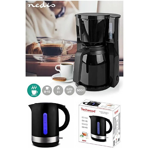 NEDIS Cafetière Machine à café Electrique Isotherme NOIRE 1.5L 900W + Bouilloire électrique Noire Led bleue 1L7 2200W