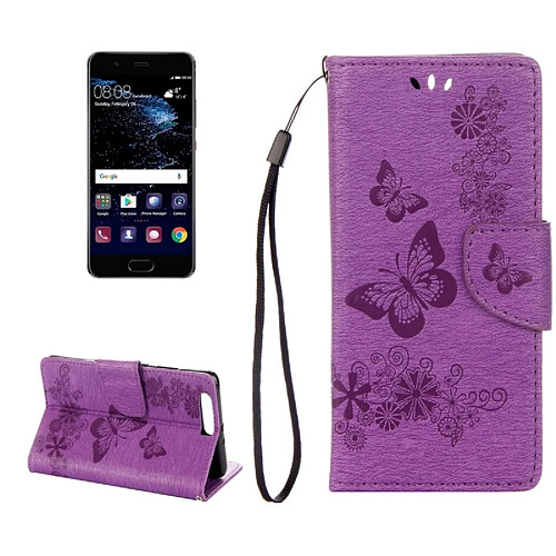 Wewoo Housse Étui Violet pour Huawei P10 Plus Papillons Gaufrage en cuir Flip horizontale avec support et Slots de cartes Portefeuille & Longe