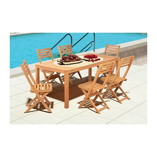 Ensemble repas de jardin 6 personnes - Eucalyptus FSC - Table 180 x 80 cm + 6 chaises pliantes