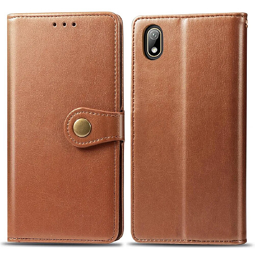 Wewoo Housse Coque Étui en cuir de protection pour téléphone portable avec boucle de couleur unie rétro lanière et cadre photo et fente carte et portefeuille et fonction de support Huawei Y5 2019 marron