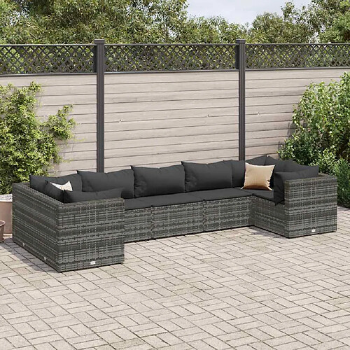 vidaXL Salon de jardin 7 pcs avec coussins Gris Résine tressée