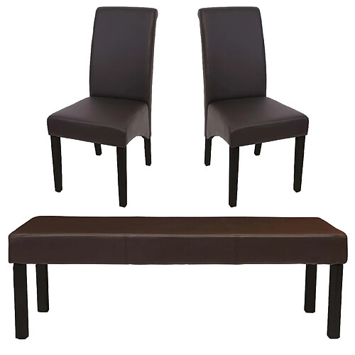 Mendler Ensemble de salle à manger M37 ~ banc + 2x chaise, similicuir ~ 120x43x49 cm marron, pieds foncés