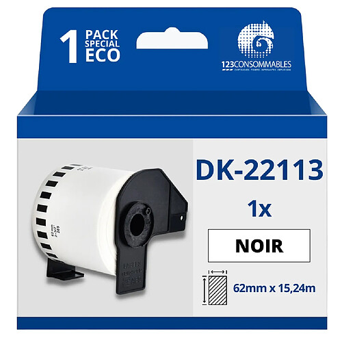 123Consommables Étiquettes compatibles Brother DK22113 - Largeur 62 mm x 15,24 mètres - Texte noir sur fond transparent