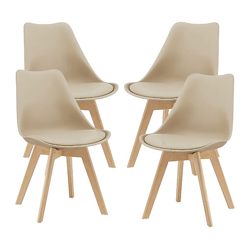 Lot de 4 Chaises de Salle à Manger Scandinave Siège Cuisine Plastique Similicuir Hêtre 81 x 49 x 57 cm Beige [en.casa]