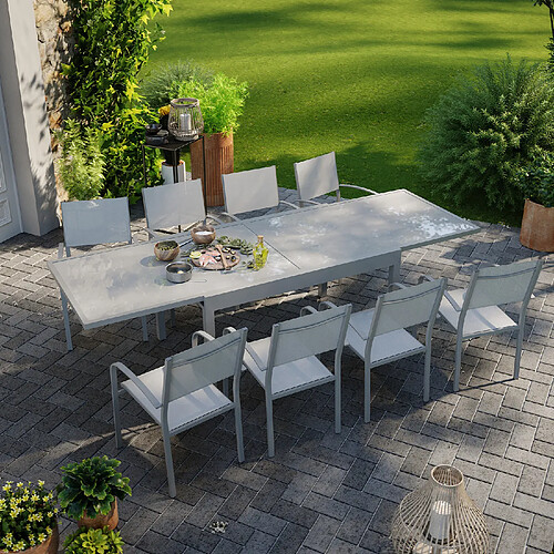 Avril Paris Table de jardin extensible aluminium 270cm + 8 fauteuils empilables textilène gris - LIO 8