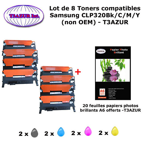 8 Toners génériques CLP-320 Bk,C,M,Y pour Samsung CLX 3180 3185 3185FN 3185FW 3185N imprimante+ 20f A6 brillantes -T3AZUR