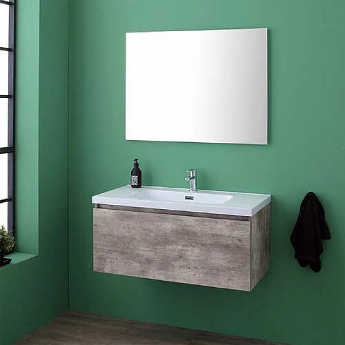 Kiamami Valentina MEUBLE AVEC TIROIR 90CM POUR SALLE DE BAIN DE COULEUR CIMENT AVEC LAVABO ET MIROIR | MADRID