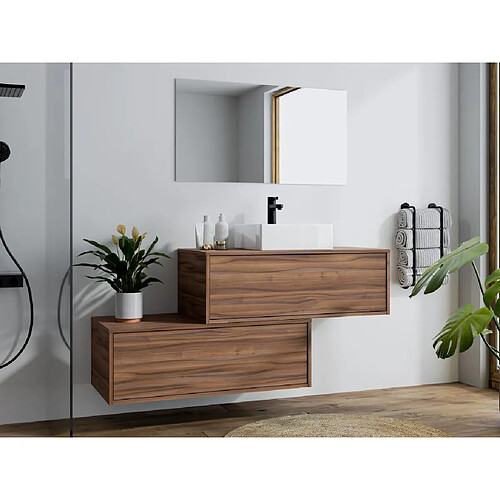 Vente-Unique Meuble de salle de bain suspendu naturel foncé avec simple vasque carrée et deux tiroirs - 94 cm - TEANA II