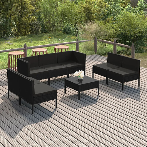 vidaXL Salon de jardin 8 pcs avec coussins résine tressée noir