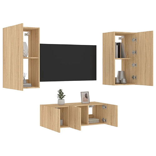 vidaXL Unités murales TV avec LED 4 pcs chêne sonoma bois d'ingénierie